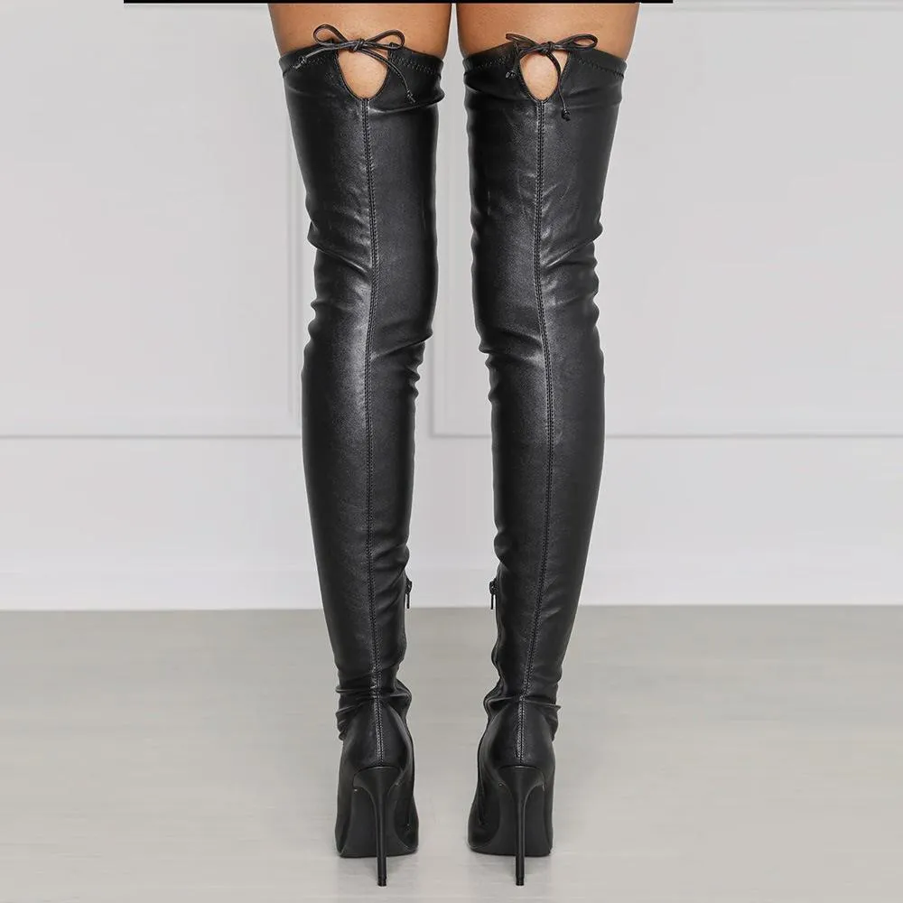 Women pointed toe stiletto heel side zipper back lace up over the knee boots