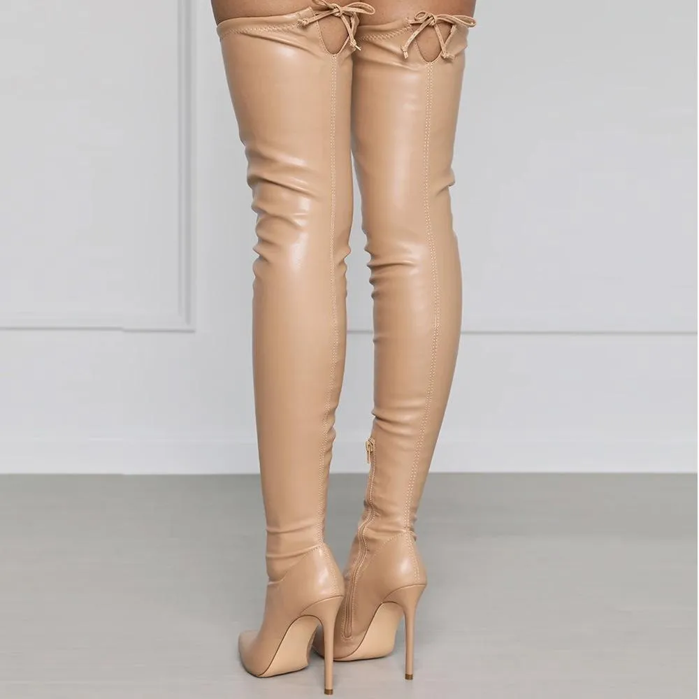 Women pointed toe stiletto heel side zipper back lace up over the knee boots