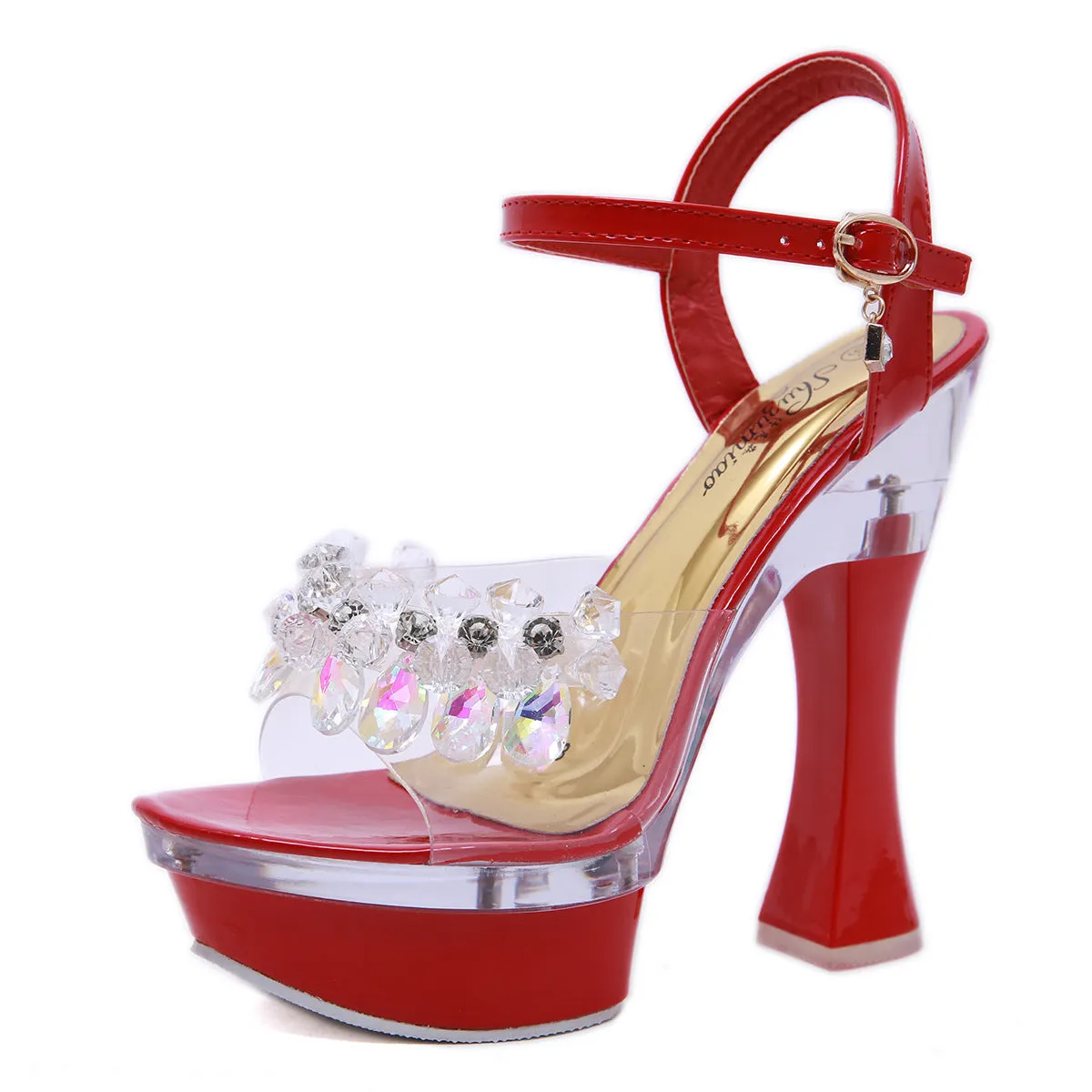 Women rhinestone clear peep toe high chunky buckle strap platform heels