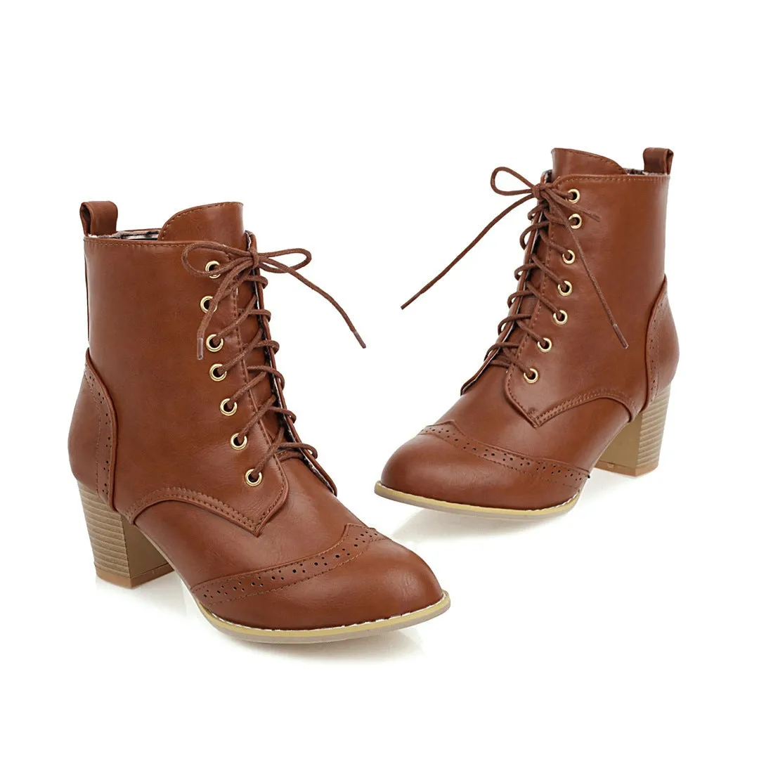 Women short pointed toe lace up chunky heel boots