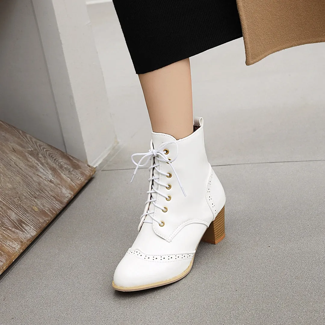 Women short pointed toe lace up chunky heel boots