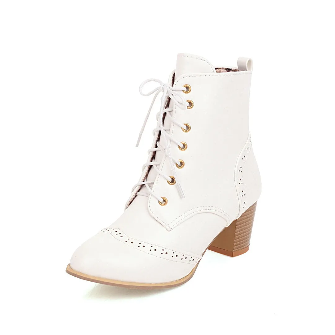 Women short pointed toe lace up chunky heel boots