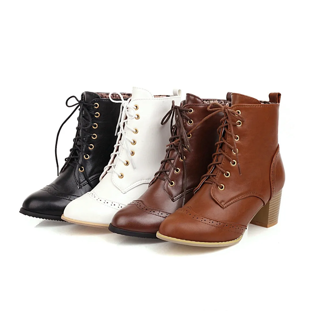 Women short pointed toe lace up chunky heel boots