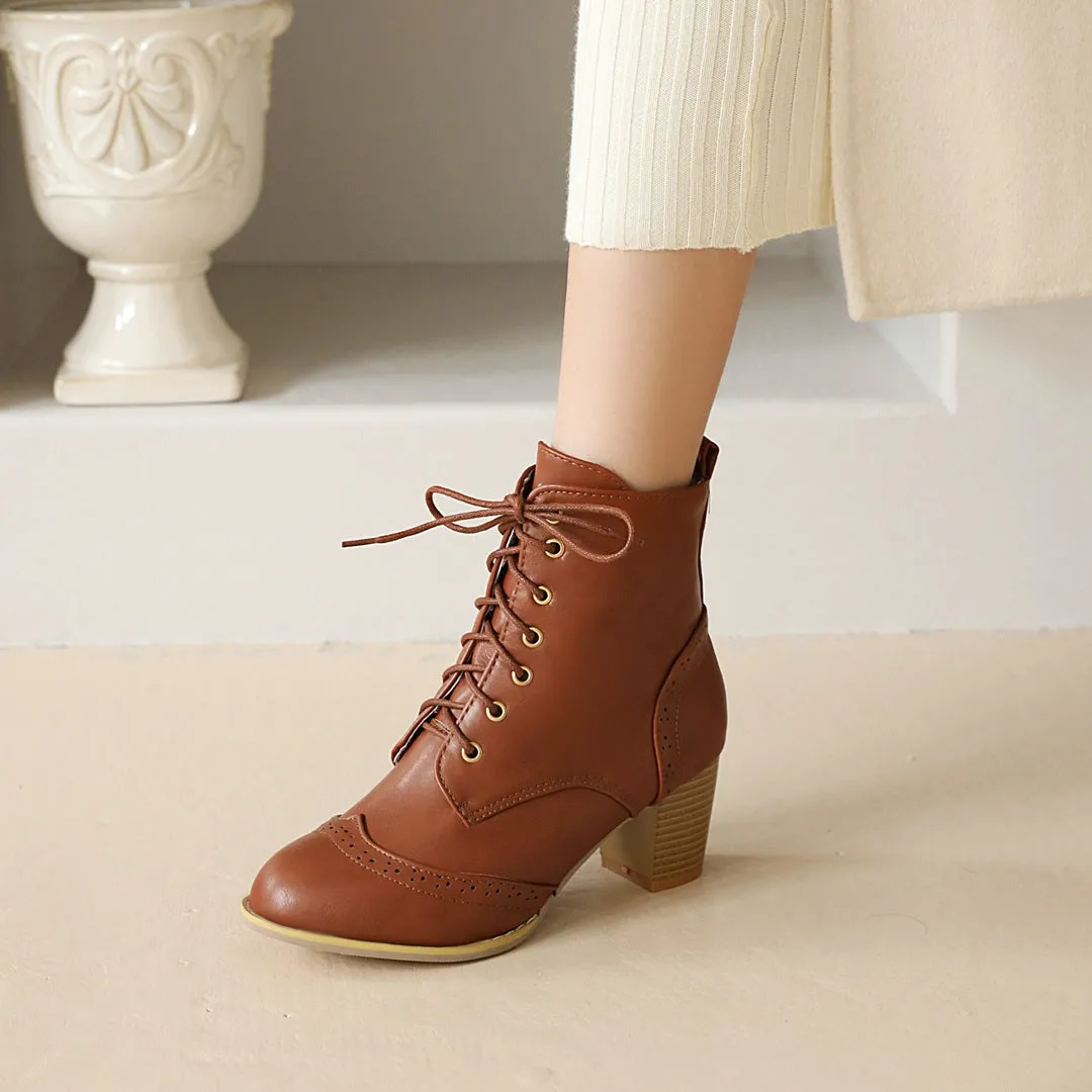 Women short pointed toe lace up chunky heel boots