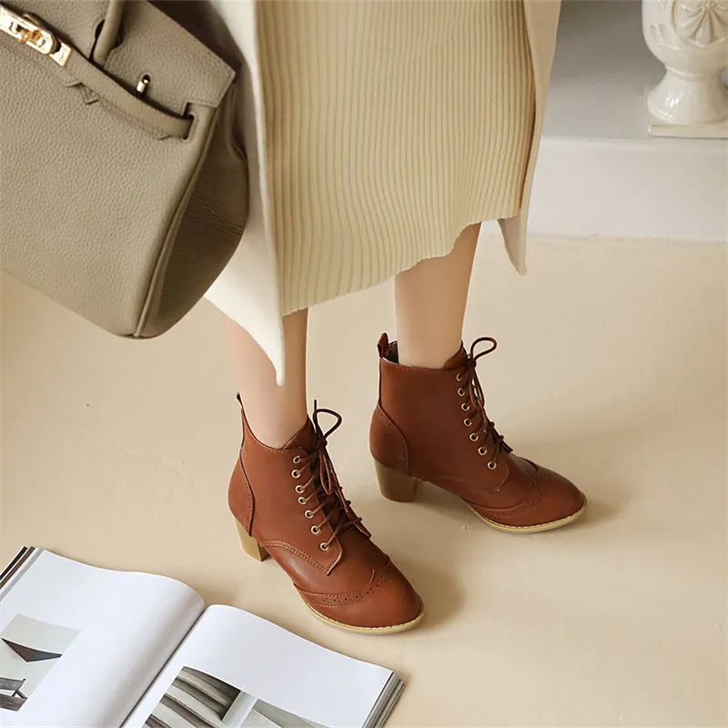 Women short pointed toe lace up chunky heel boots