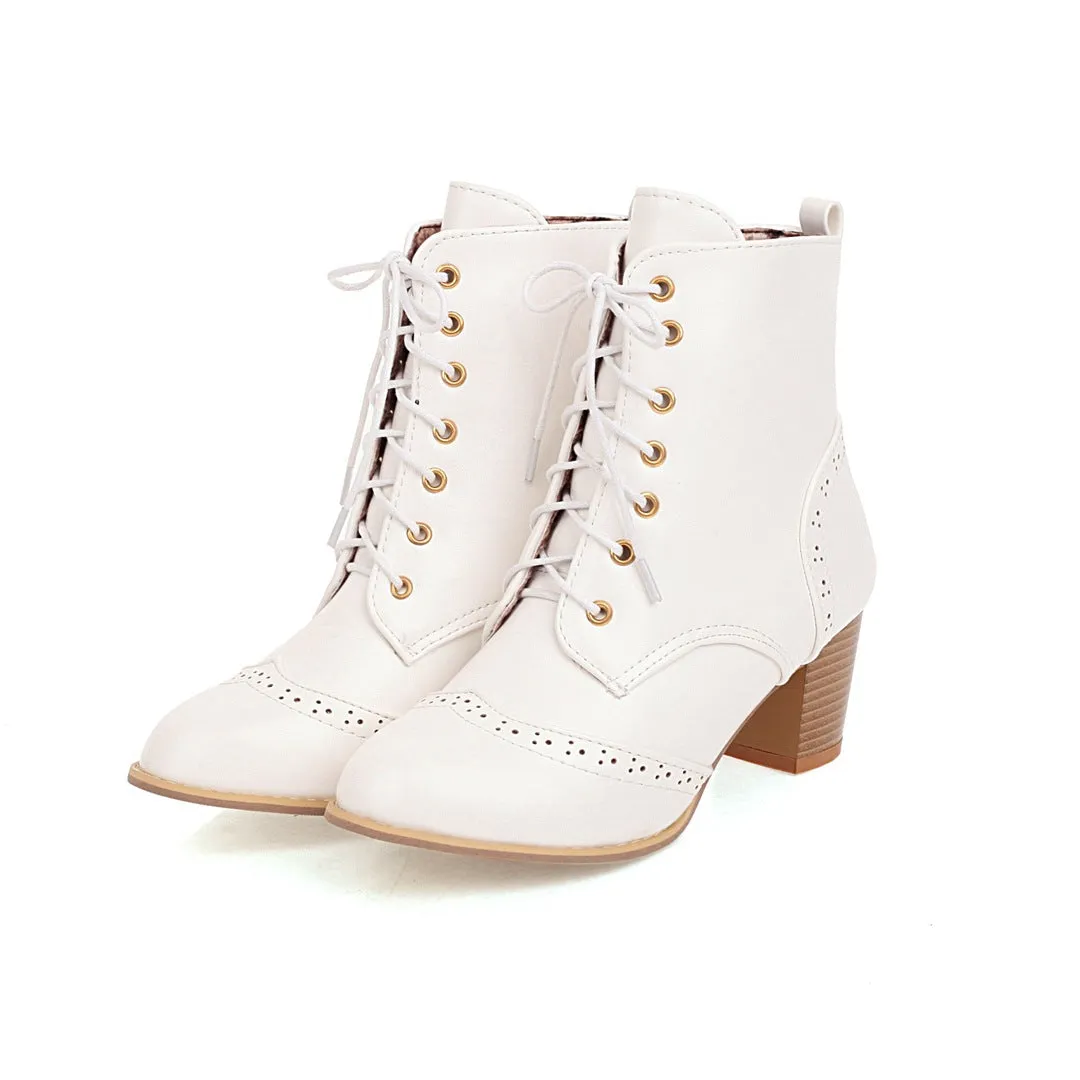 Women short pointed toe lace up chunky heel boots