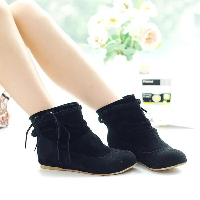 Women short woven strap fringed slip on flat boots