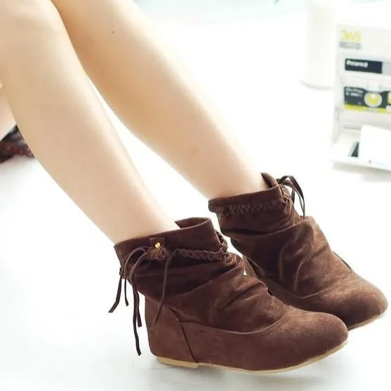 Women short woven strap fringed slip on flat boots