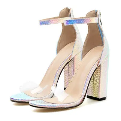 Women snakeskin print peep toe clear strap back zipper chunky heels