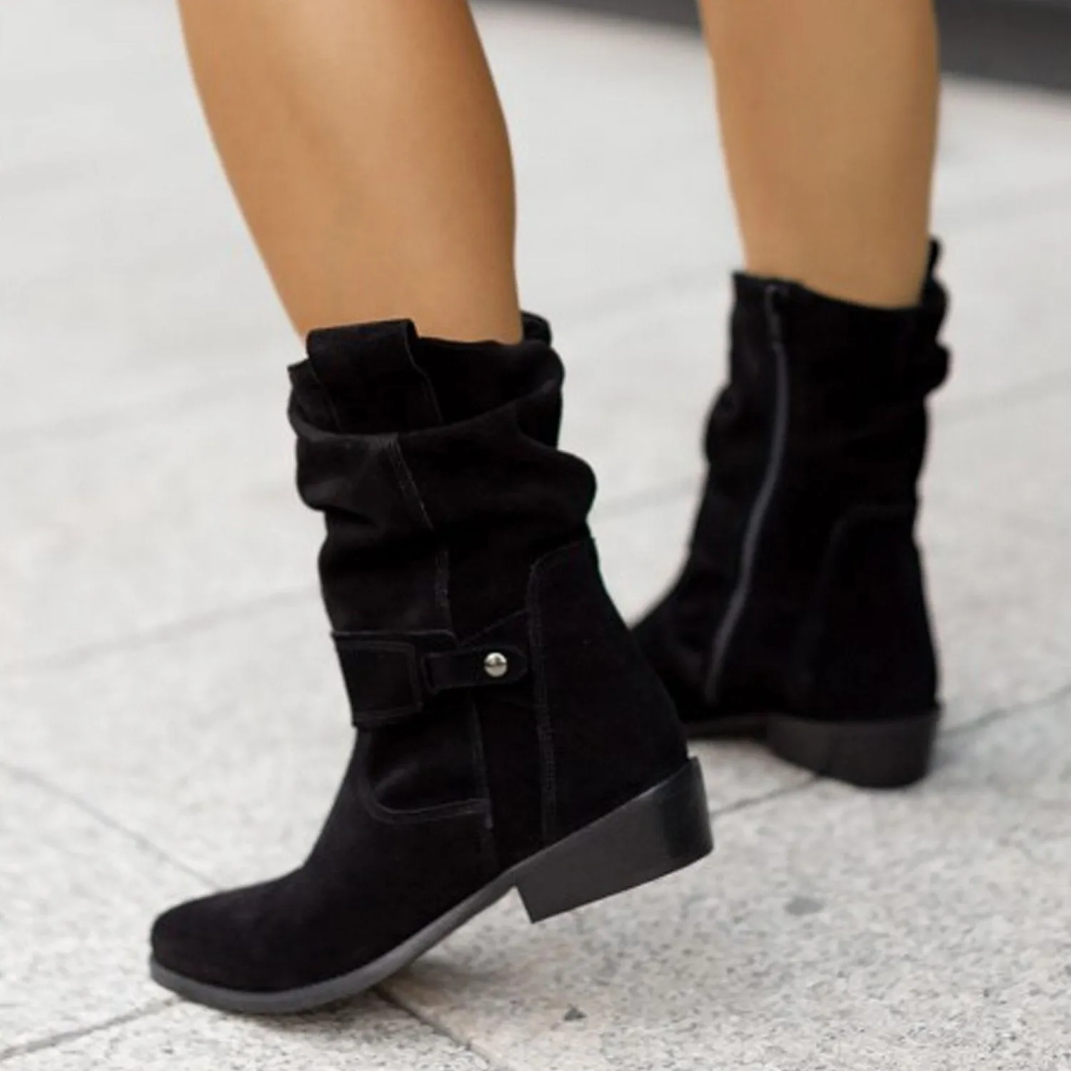 Women solid color side zipper square low heel booties