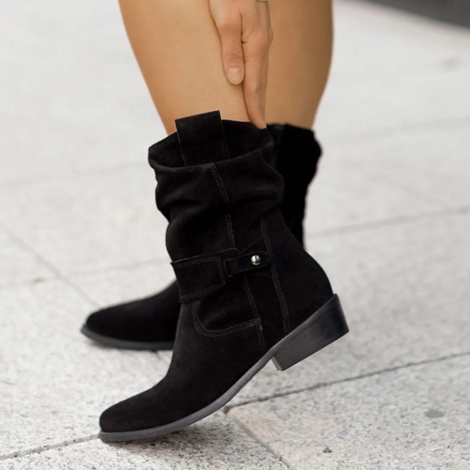 Women solid color side zipper square low heel booties