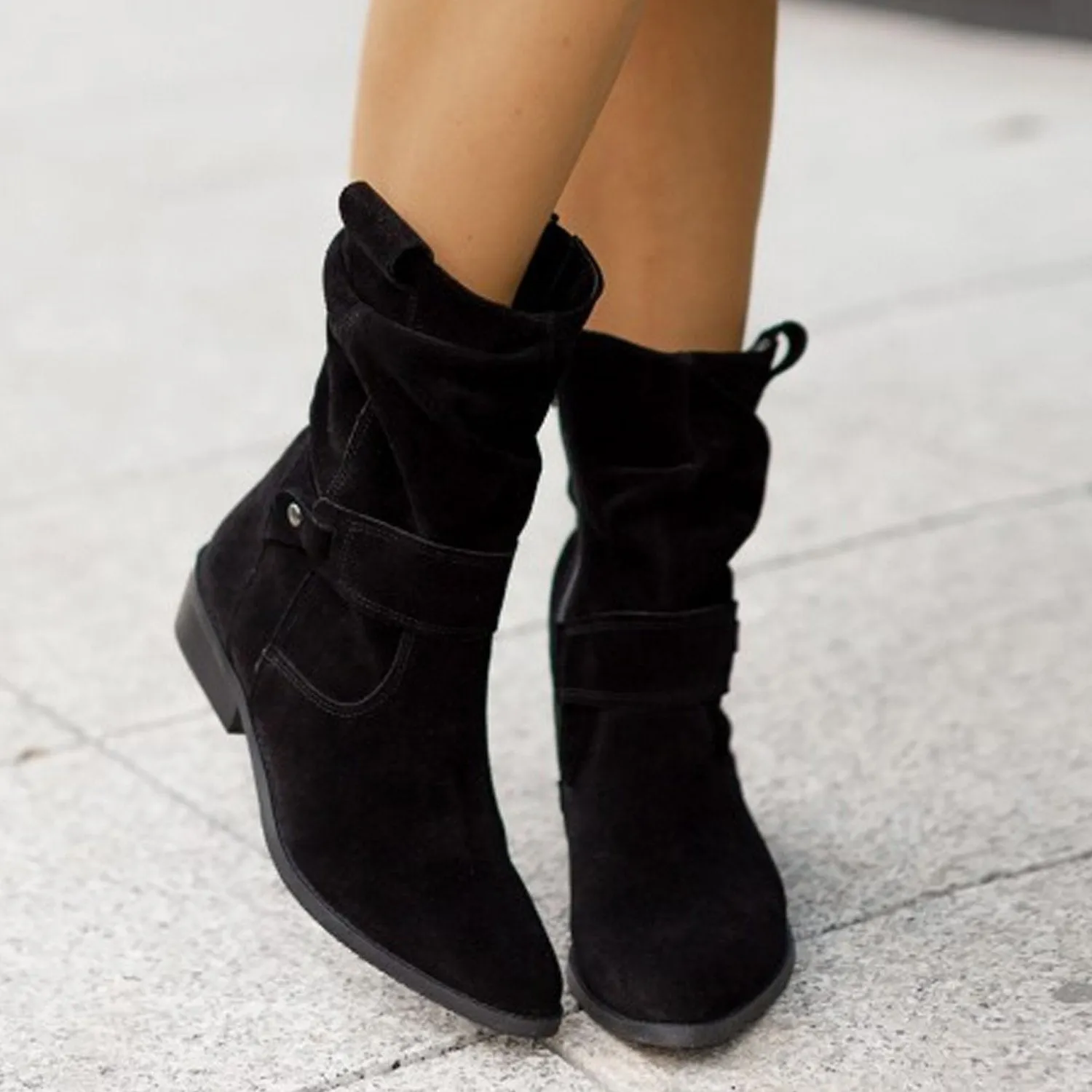 Women solid color side zipper square low heel booties