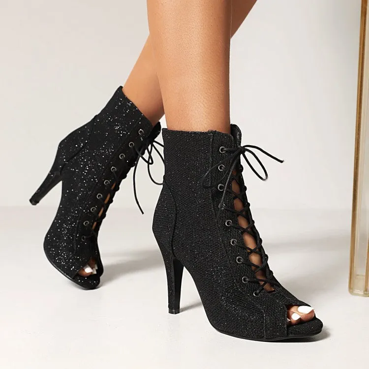 Women summer peep toe lace up stiletto heeled booties