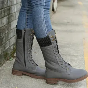 Women winter lace up side zipper medium chunky heel mid calf boots