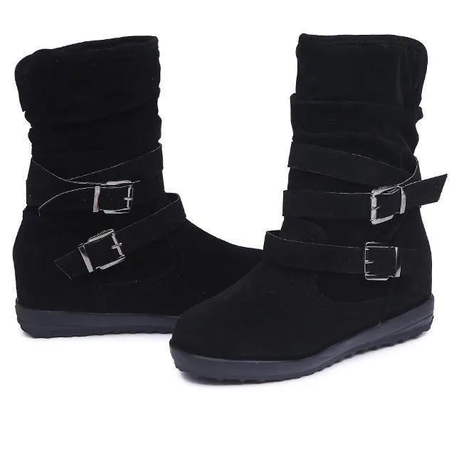 Women winter lining faux fur double buckle strap short flat boots