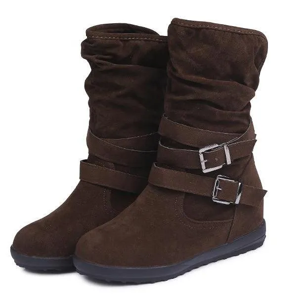 Women winter lining faux fur double buckle strap short flat boots