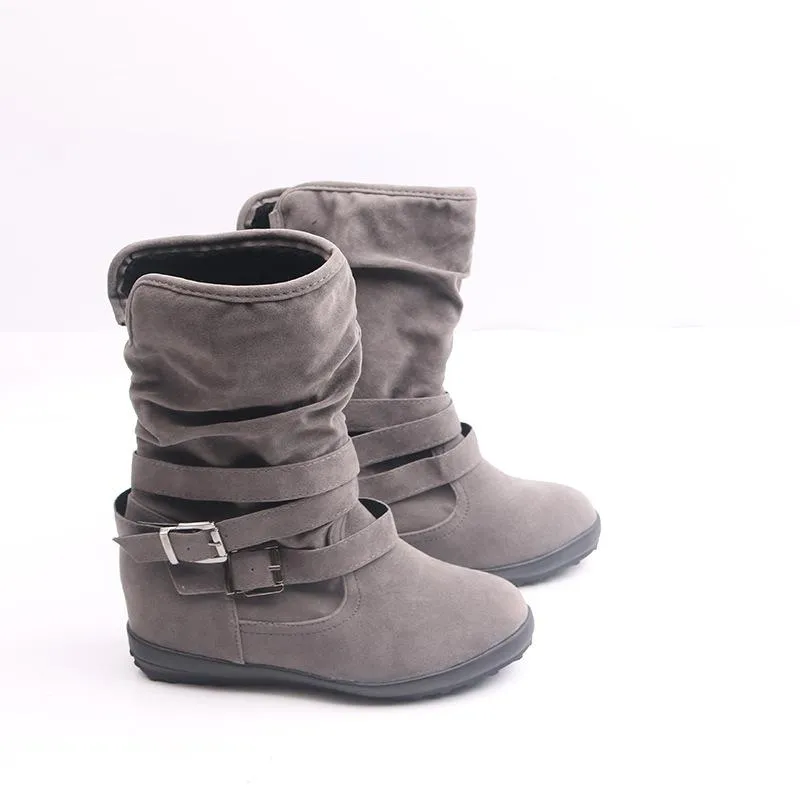 Women winter lining faux fur double buckle strap short flat boots