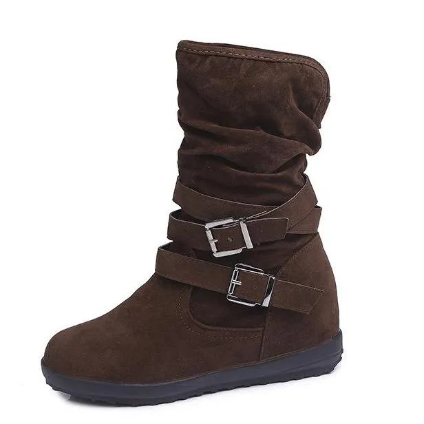 Women winter lining faux fur double buckle strap short flat boots