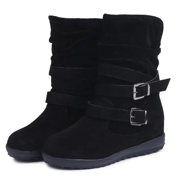 Women winter lining faux fur double buckle strap short flat boots