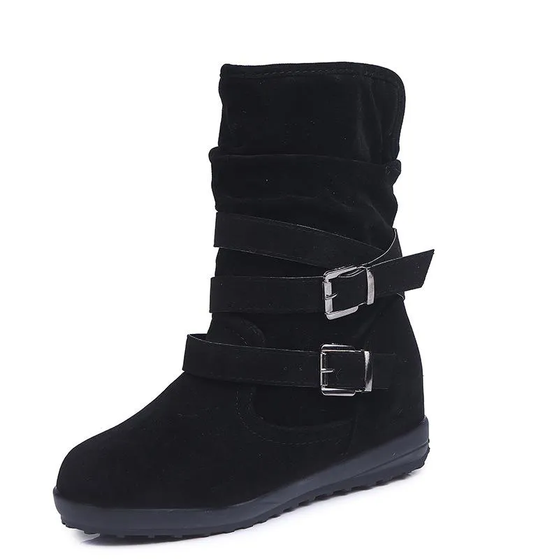 Women winter lining faux fur double buckle strap short flat boots