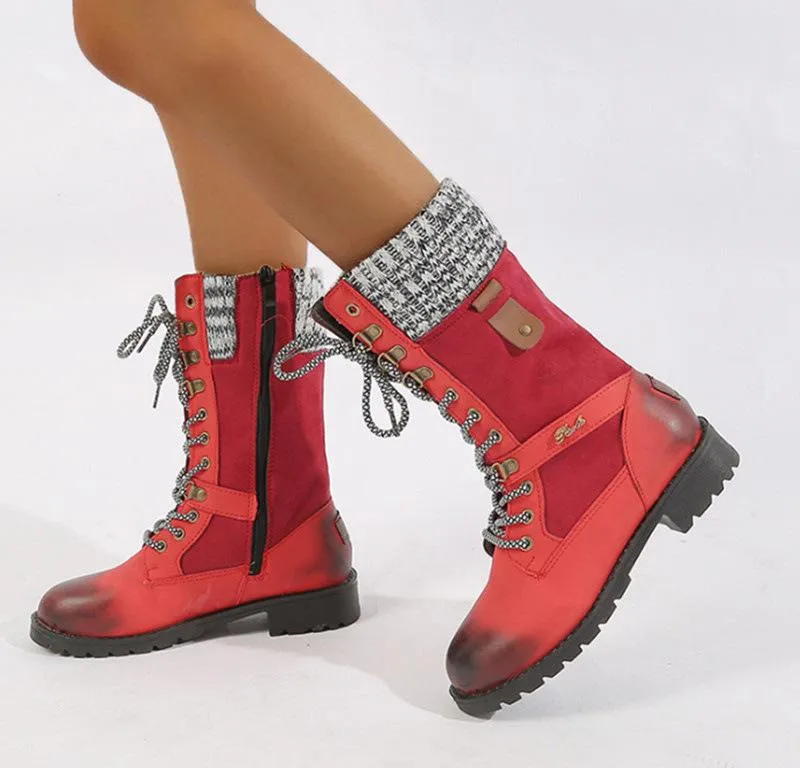 Women winter mid calf side zipper lace up boots