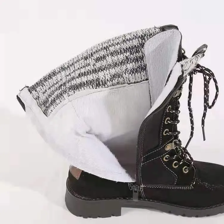 Women winter mid calf side zipper lace up boots