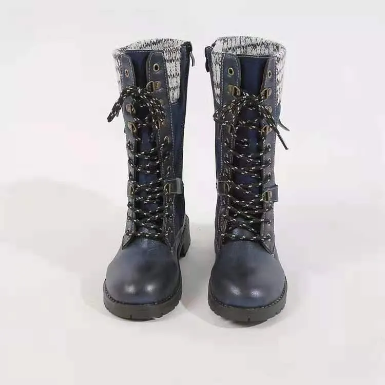 Women winter mid calf side zipper lace up boots