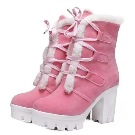 Women winter plush warm chunky heel platform short boots