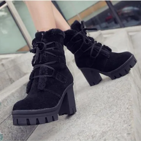 Women winter plush warm chunky heel platform short boots