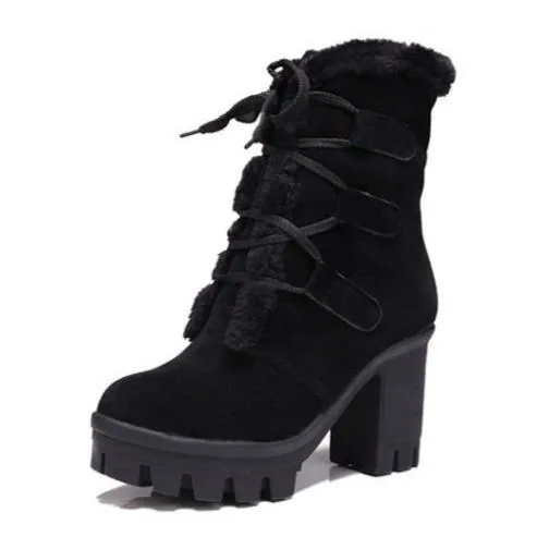 Women winter plush warm chunky heel platform short boots