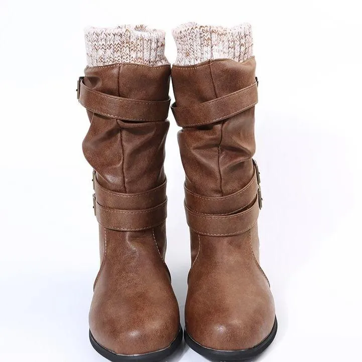 Women winter slip on chunky heel buckle straps mid calf boots