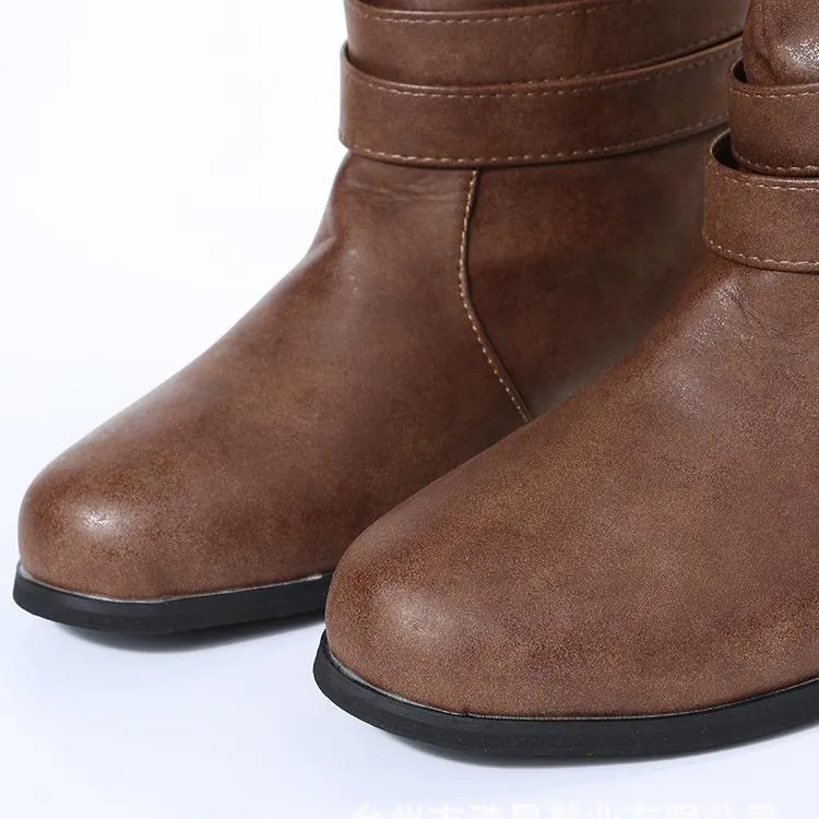 Women winter slip on chunky heel buckle straps mid calf boots