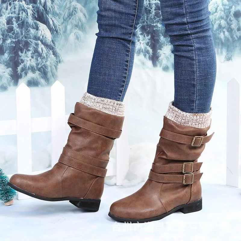 Women winter slip on chunky heel buckle straps mid calf boots