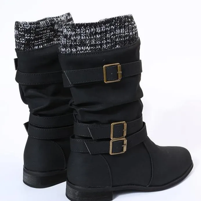 Women winter slip on chunky heel buckle straps mid calf boots