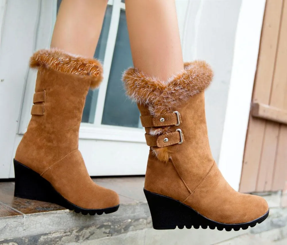 Women wintter wedge mid calf faux fur snow boots