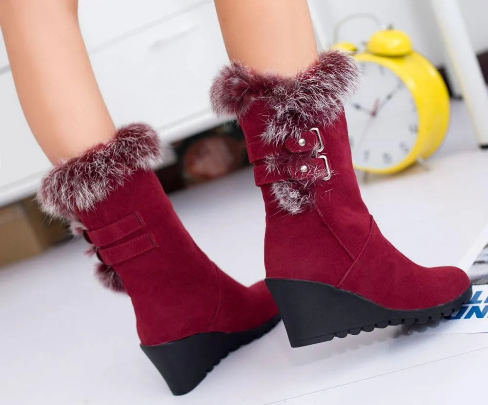 Women wintter wedge mid calf faux fur snow boots