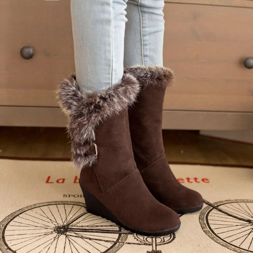 Women wintter wedge mid calf faux fur snow boots